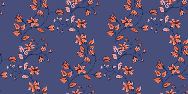 Abstracto artístico patrón de tallos florales silvestres ramas en flor de colores con flores hojas de campanas