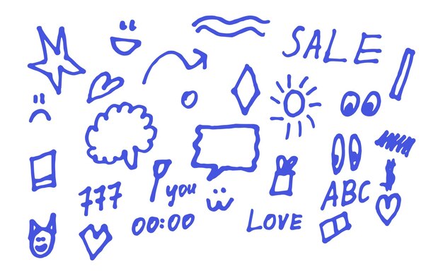 Abstracto azul dibujado a mano formas y palabras dibujos de niños conjuntos de formas vectoriales