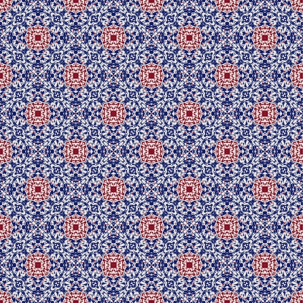 Abstracto azul y rojo flor tracería tela étnica de patrones sin fisuras fondo floral estrella decoración textil arte moda diseño