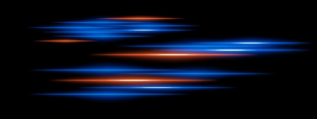 Abstracto brillantes rayas de luz azul y naranja en un fondo oscuro Varios haces de neón paralelos con borrón de movimiento y llamarada radiante crean un efecto futurista de velocidad y energía