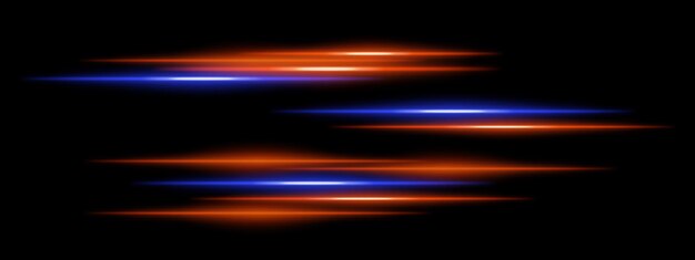 Abstracto brillantes rayas de luz azul y naranja en un fondo oscuro Varios haces de neón paralelos con borrón de movimiento y llamarada radiante crean un efecto futurista de velocidad y energía