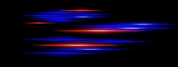 Abstracto brillantes rayas de luz azul y roja en un fondo oscuro Varios haces de neón paralelos con borrón de movimiento y llamarada radiante crean un efecto futurista de velocidad y energía