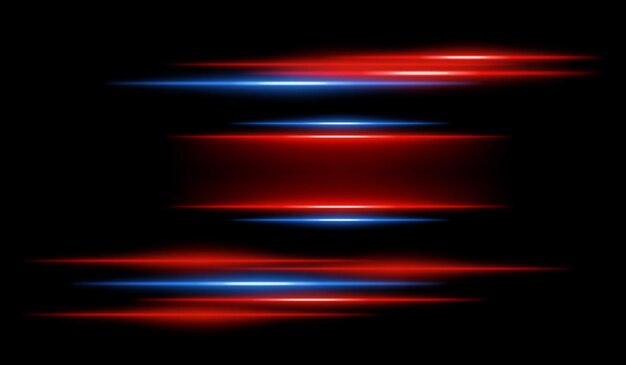 Abstracto brillantes rayas de luz naranja y azul en un fondo oscuro Varios rayos de neón paralelos con borrón de movimiento y llamarada radiante crean un efecto futurista de velocidad y energía