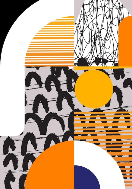 Abstracto colorido geométrico y formas bauhaus con arte de línea grunge en el diseño vectorial de fondo