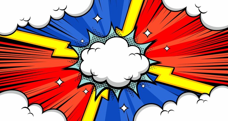 Vector abstracto concepto creativo cómico estilo pop art plantilla de diseño en blanco con nubes vigas y aislados