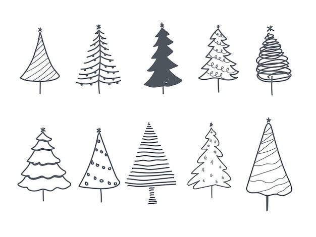 Abstracto conjunto de árboles de Navidad dibujados a mano Fondo de vacaciones de Año Nuevo