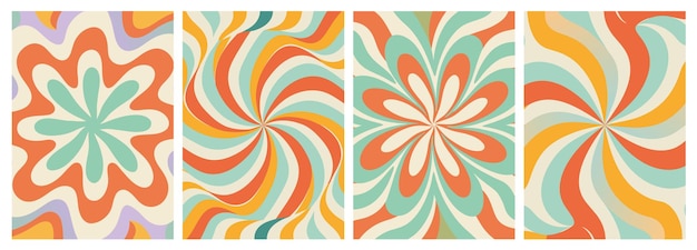 Abstracto conjunto de fondo de ondas trippy Fondo retro estilo hippie de los años 70 Ilustración vectorial