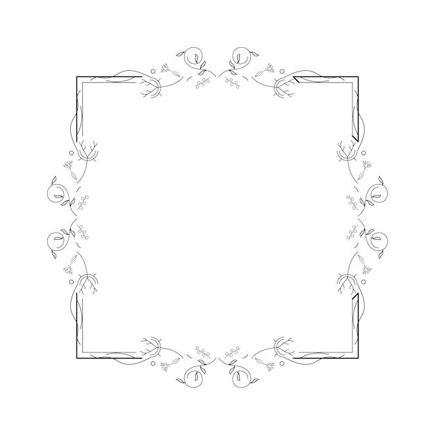 Abstracto cuadrado de línea simple negra con hojas de hojas marco flores Doodle contorno elemento vector
