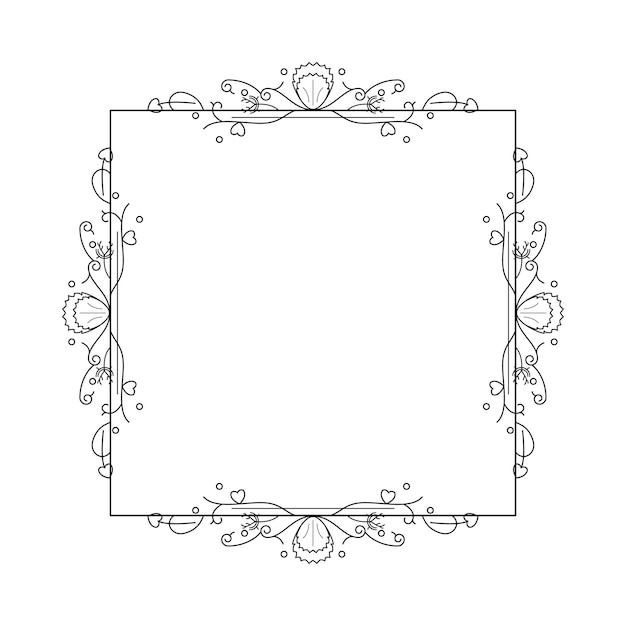 Abstracto cuadrado de línea simple negra con hojas de hojas marco flores Doodle contorno elemento vector