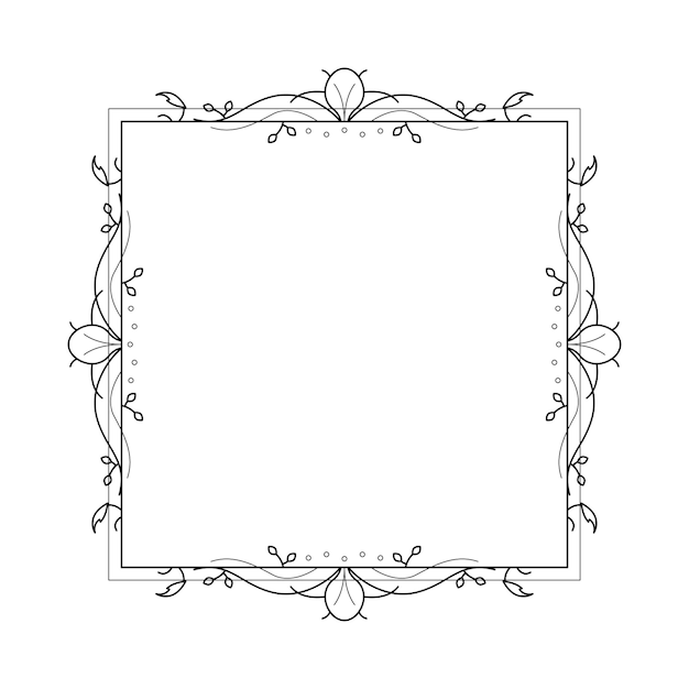 Abstracto cuadrado de línea simple negra con hojas de hojas marco flores Doodle contorno elemento vector