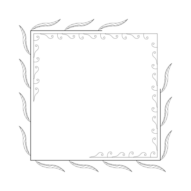Abstracto cuadrado de línea simple negra con hojas de hojas marco flores Doodle contorno elemento vector