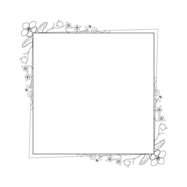 Abstracto cuadrado de línea simple negra con hojas de hojas marco flores Doodle contorno elemento vector