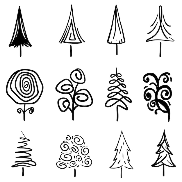 Abstracto dibujado a mano conjunto de pinos de línea delgada negra en ilustración vectorial
