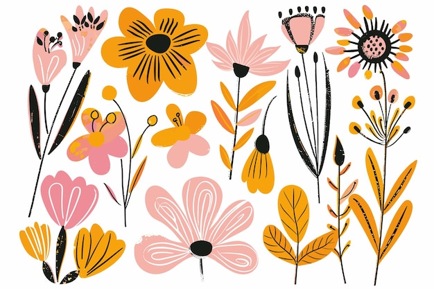 Abstracto dibujado a mano flores silvestres abstractas conjunto de flores y hojas iconos planos ilustración vectorial