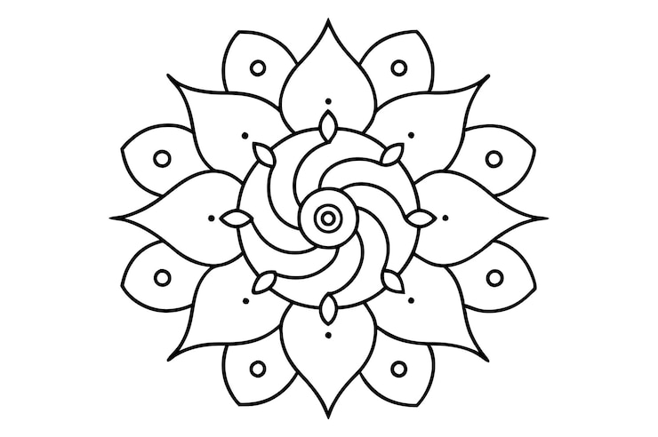 Abstracto Diseño de mandala en espiral con líneas claras y distintas, remolinos y espirales en un patrón equilibrado