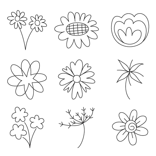 Abstracto doodle flores dibujadas a mano de varias formas para el elemento y la ilustración