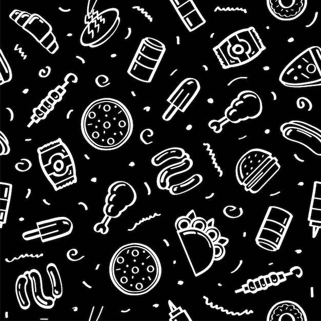 Vector abstracto doodle patrón sin costuras dibujado a mano elementos de comida rápida diseño vectorial estilo de fondo