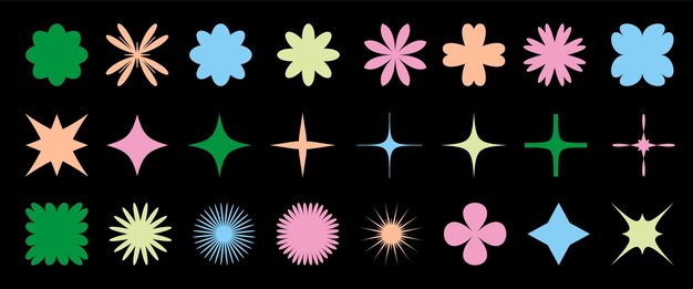 Abstracto estilo suizo figuras geométricas formas estrellas flores elementos modernos en el Y2k brutalista