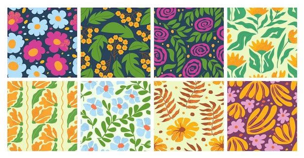 Abstracto floral sin costuras patrones flores en flor y hojas dibujadas a mano motivos botánicos de primavera y flores de jardín set de fondos vectoriales inspirados en la naturaleza