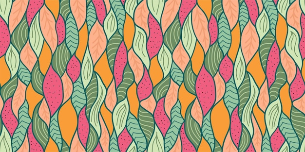 Abstracto floral exótico de la jungla patrón sin costuras olas brillantes de verano hojas formas dibujadas a mano vectoriales