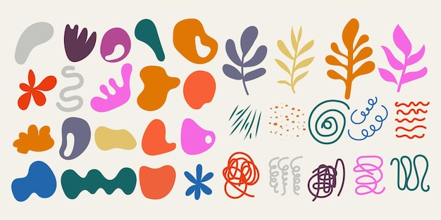 Abstracto Formas coloridas Elementos botánicos Colección de arte de dibujos dibujados