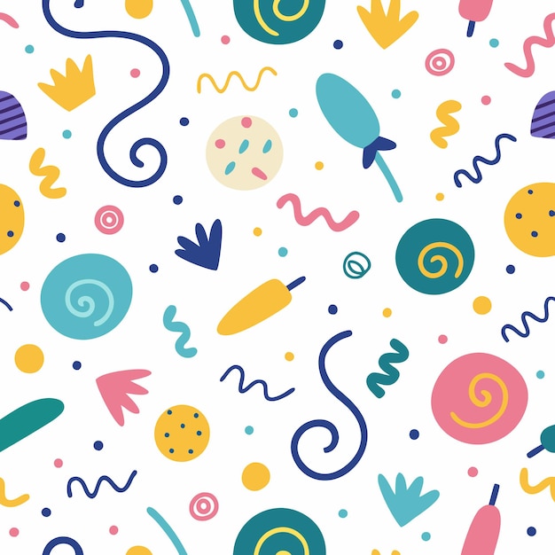 Abstracto Formas coloridas Patrón sin costuras con remolinos Puntos y líneas
