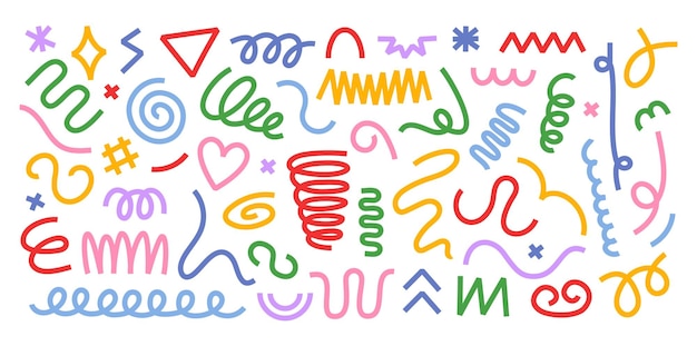 Abstracto garabateado rayas dibujadas a mano líneas onduladas y rizadas remolinos espirales y garabates coloridos elementos de diseño de decoración retro conjunto vectorial
