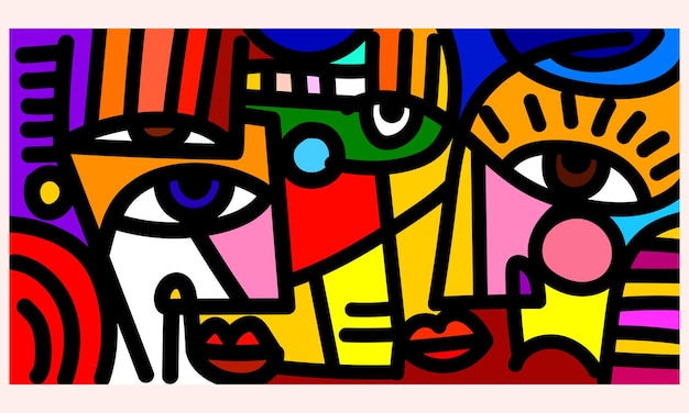 Abstracto garabatos colorido retrato facial geométrico con línea en negrita ilustración vectorial impresión de arte