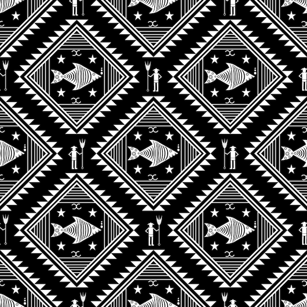 Abstracto geométrico en blanco y negro con peces y personas Patrón tribal