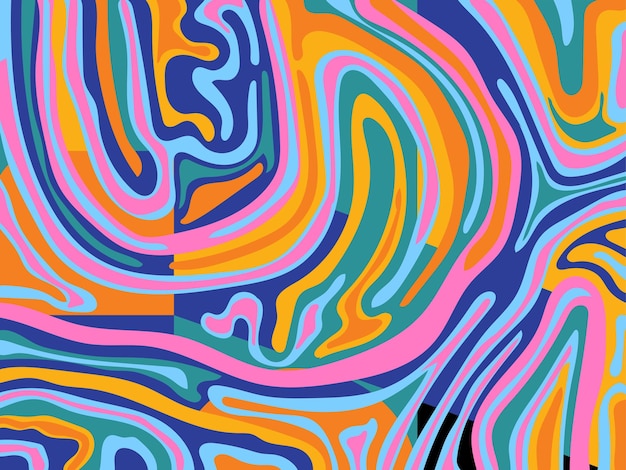Abstracto groovy hippie fondo de los años 70 ondas coloridas vintage remolino remolino psicodélico a rayas