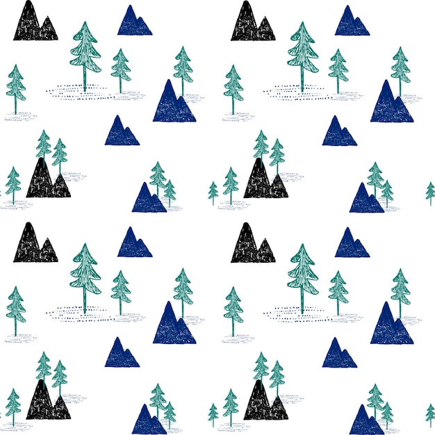 Abstracto grunge patrón vectorial sin costuras con montañas y bosques