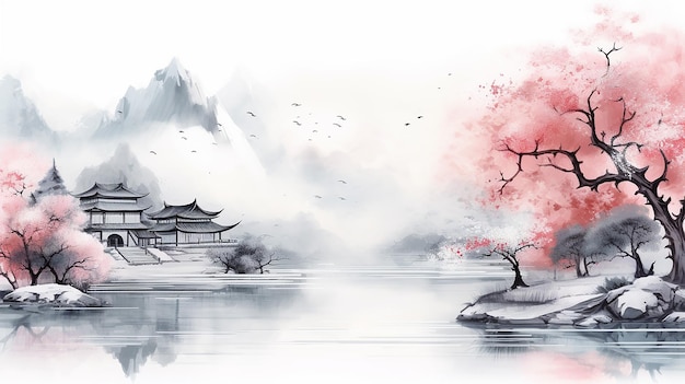 Abstracto hermosa tradicional china o japonesa casa templo colina con río nublado y paisaje de montaña paisaje acuarela pintura papel tapiz fondo oriental nubes río de montaña
