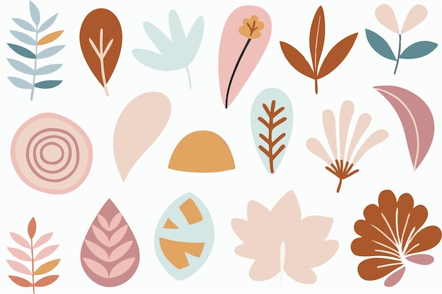 Abstracto de hojas de boho y formas orgánicas de plantas ilustración plana sobre fondo blanco