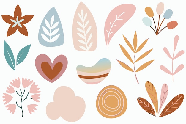 Abstracto de hojas de boho y formas orgánicas de plantas ilustración plana sobre fondo blanco
