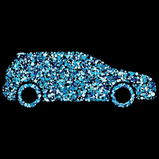 Abstracto Ilustración de automóviles de mosaico de puntos azules en el fondo negro de burbujas de sombras