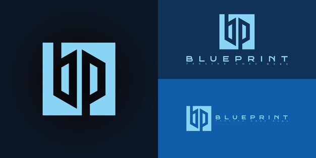 Abstracto de la letra inicial cuadrada BP o el logotipo PB en color azul aislado en múltiples fondos azules