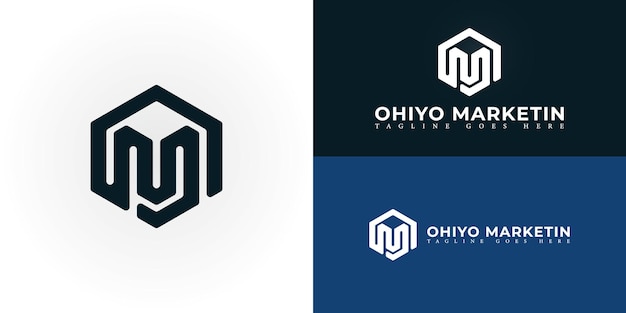 Abstracto de la letra inicial hexagonal OM o el logotipo MO en color azul-negro aislado en múltiples fondos