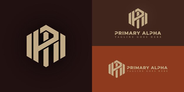 Abstracto de la letra inicial hexagonal PA o el logotipo AP en color oro de lujo aislado en múltiples fondos