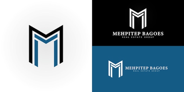 Abstracto de la letra inicial M o el logotipo MM en color azul negro aislado en múltiples fondos