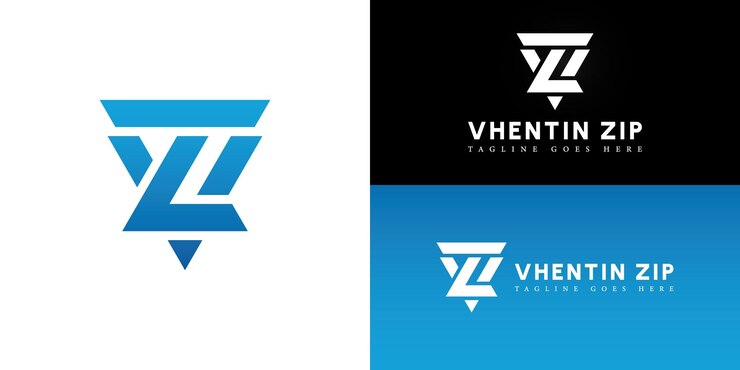 Vector abstracto de la letra inicial triangular vz o el logotipo zv en color azul aislado en múltiples colores de fondo
