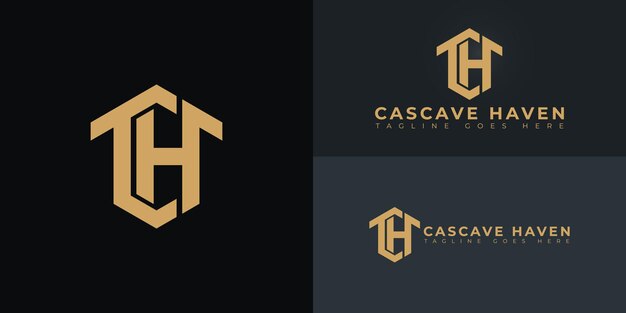 Abstracto de las letras hexagonales iniciales CH o HC logotipo en color dorado aislado en múltiples colores de fondo