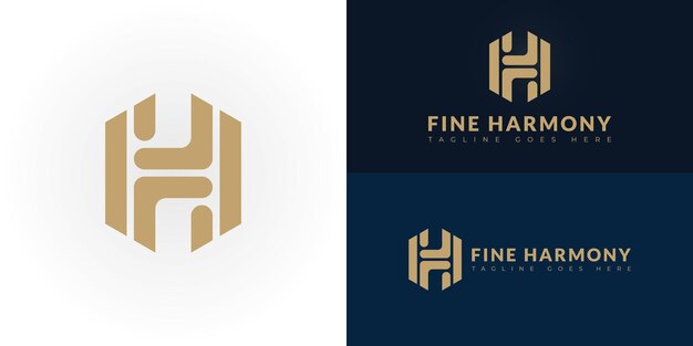 Abstracto de las letras hexagonales iniciales FH o el logotipo HF en color dorado aislado en múltiples colores de fondo