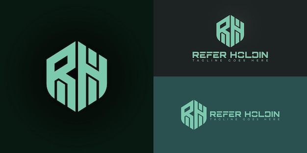 Abstracto de las letras hexagonales iniciales RH o el logotipo HR en color verde aislado en múltiples colores de fondo