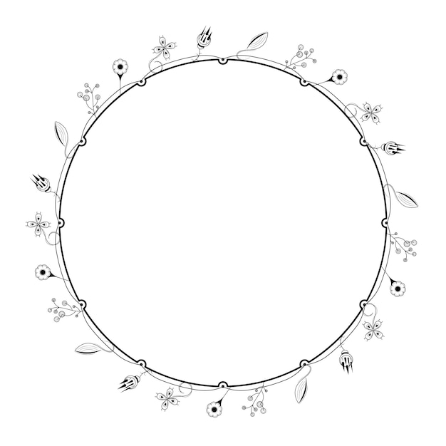 Abstracto Línea negra simple Círculo redondo con hojas Frame Flores Doodle Contorno Elemento Vector