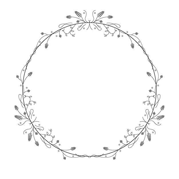 Abstracto Línea sencilla negra Círculo redondo con hojas Frame flores Doodle Contorno Elemento Vector D