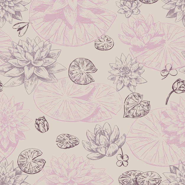 Abstracto lirio de agua patrón sin costuras adorno floral con flores de loto diseño botánico vectorial estilo retro