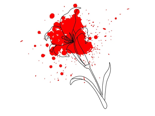 Vector abstracto de lirio en flor dibujo a mano y gotas salpicaduras de tinta roja similar al fondo blanco de sangre