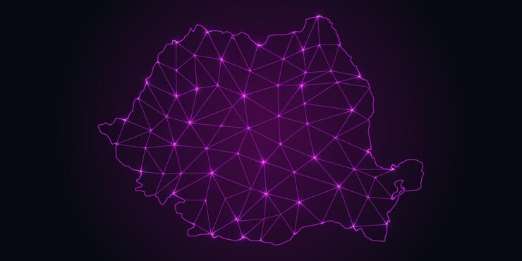 Abstracto Mapa púrpura de Rumania con puntos conectados