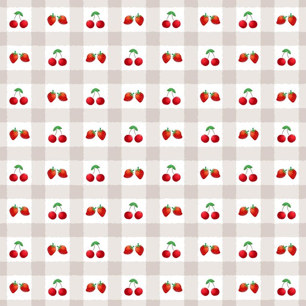 Abstracto marrón suave a cuadros o a cuadros y cerezas rojas y fresas diseño de patrón sin costuras