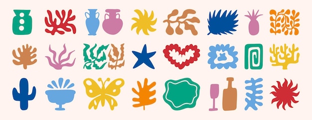 Abstracto matisse formas orgánicas conjunto de plantas de hojas cactus jarrón estilo collage estética contemporánea